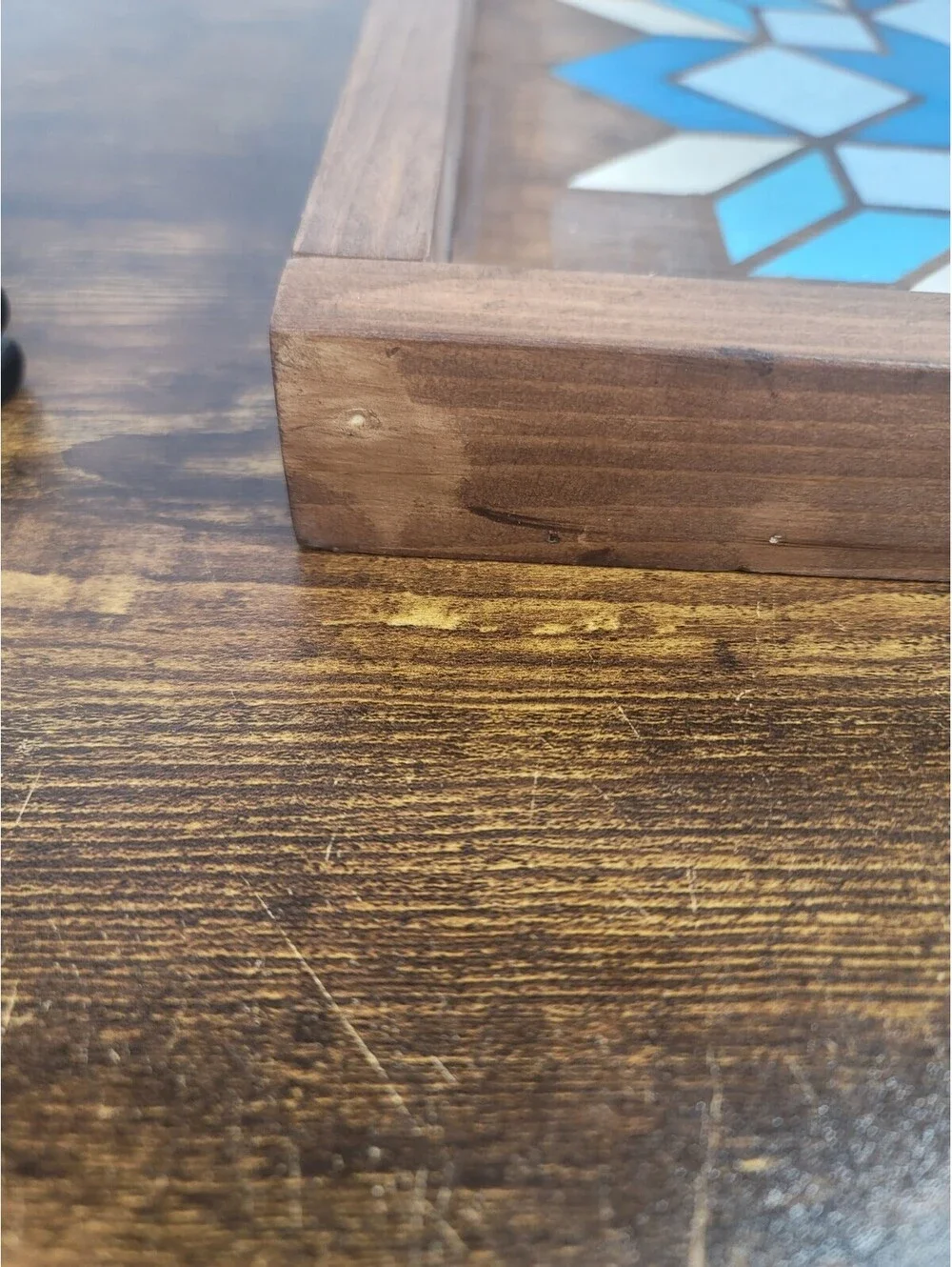 Handmade Wooden Tray With Painted Sparkly Teal Blue And White Barn Quilt Design